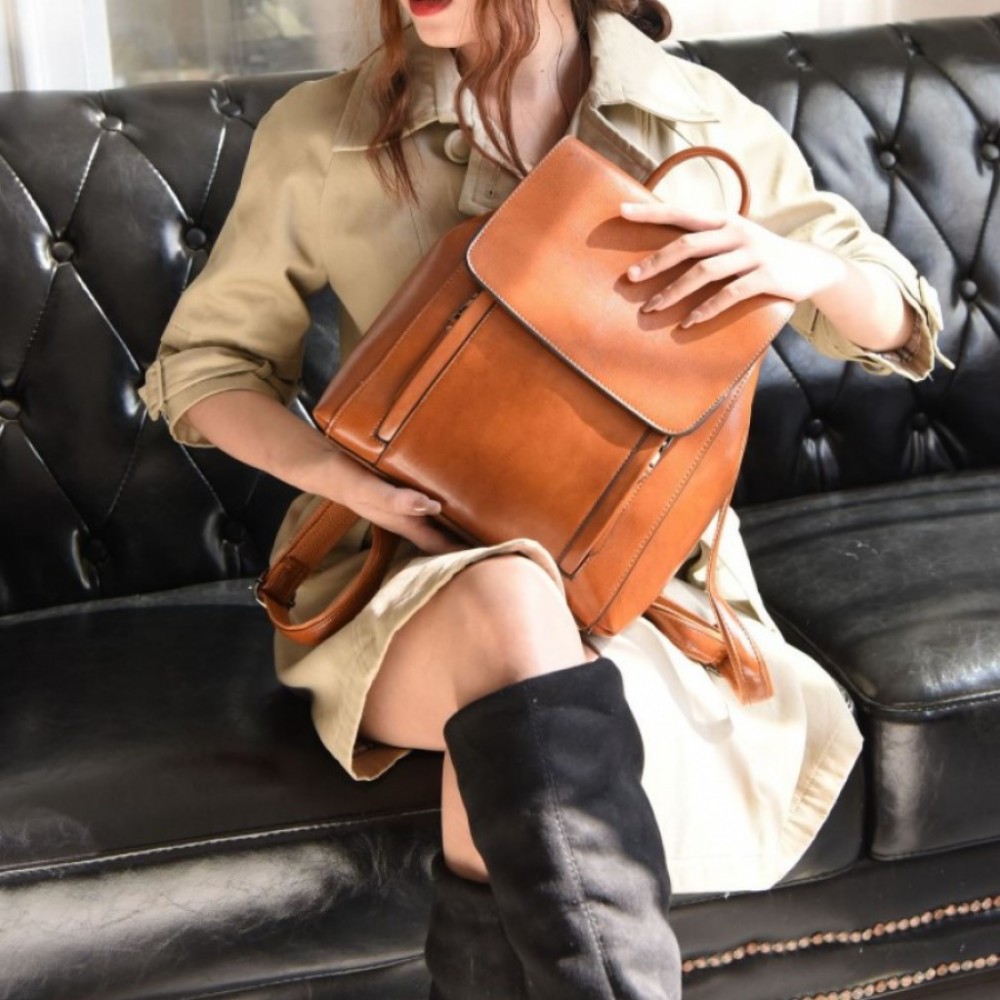 Rucsac dama, de tip geanta B819, Piele naturala, Мaro camel