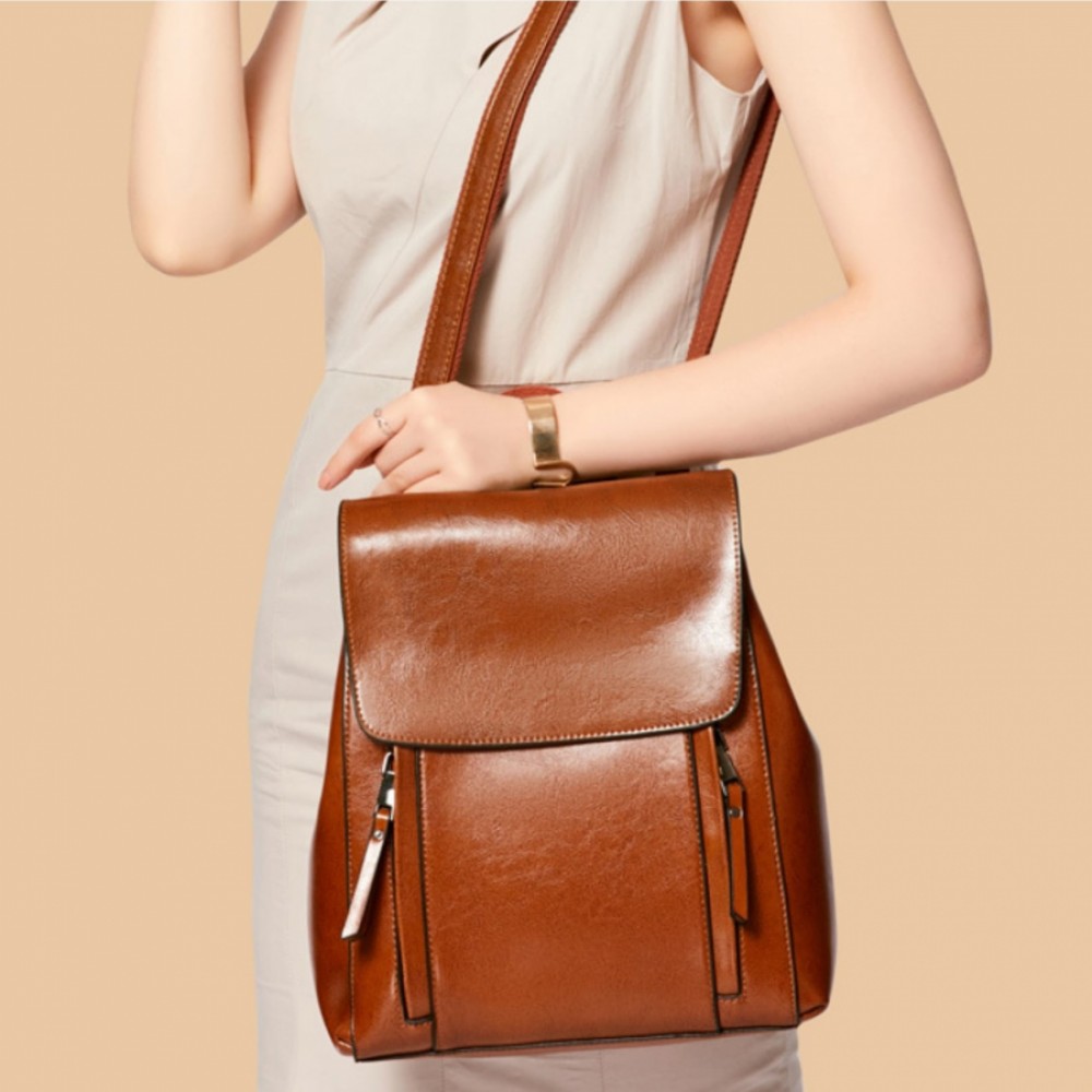 Rucsac dama, de tip geanta B819, Piele naturala, Мaro camel